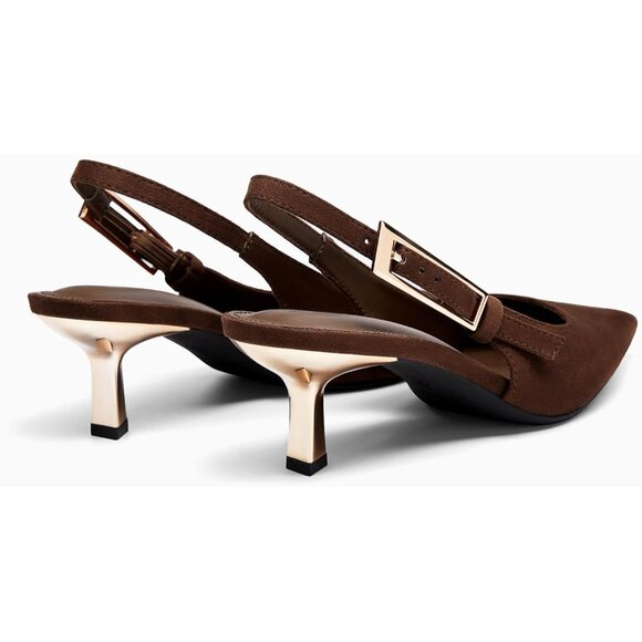 Women's Dark Brown Slingback Kitten Heels Closed Pointed Toe Pumps Buckle Strap - Picture 5 of 5